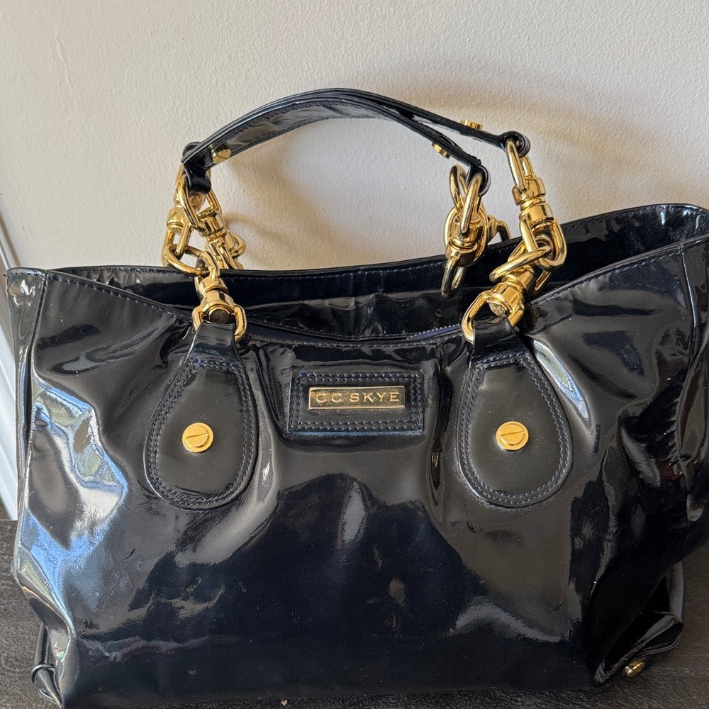 CC Skye Glossy Navy Blue Tote with Gold Accents